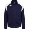 Veste de survêtement Kappa Lenno bleu marine blanc pour homme, design sportif avec bandes blanches sur les manches et le logo Omini sur la poitrine.